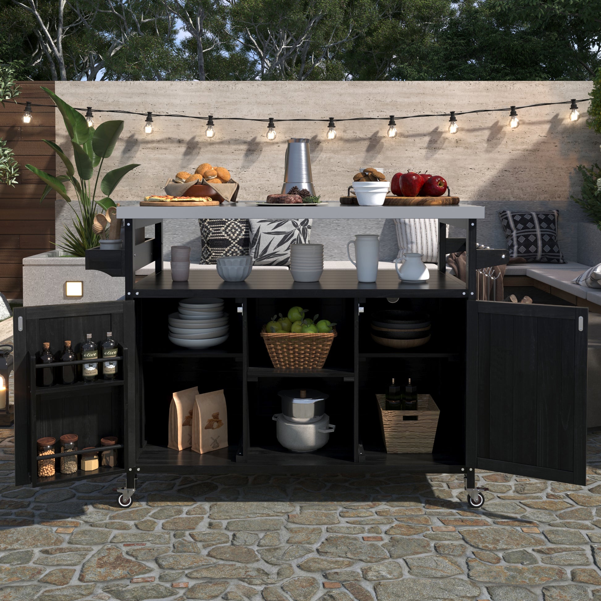 K&K Outdoor Kitchen Island, Rolling Bar Cart & Storage Cabinet, Farmhouse Solid Wood Outdoor Grill Table With Stainless Steel Top, Spice Rack , Towel Rack For Kitchen & Barbecue, Black