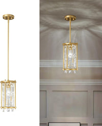 Modern Foyer Chandelier, Gold Crystal Chandelier Entryway Pendant Light Fixture, Square Adjustable Height Chandeliers for Kitchen Island, L15.74'' X H9.84''