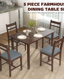 5-Piece Solid Wood Dining Table Set for 4, Farmhouse Kitchen Table with Upholstered Chairs for Dining Room, Walnut