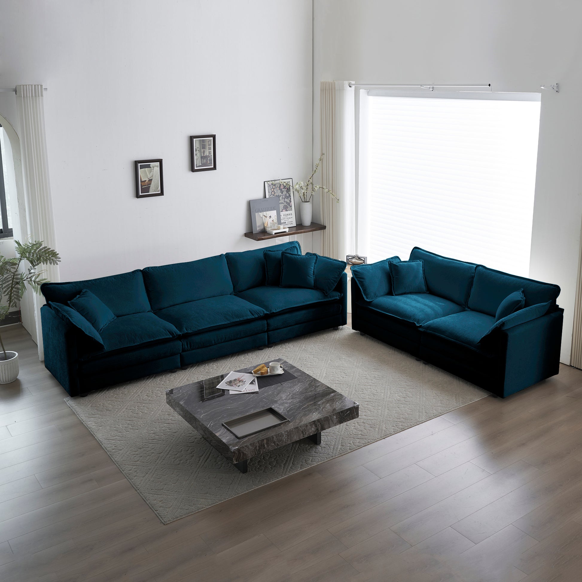 Sofa Set Of 2 Chenille Couch, 2-3 Seater Sofa Set Deep Seat Sofa, Modern Sofa Set For Living Room, Blue Chenille