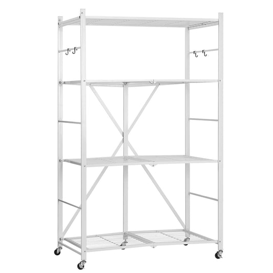 4-Tier Foldable Storage Shelf, 36W X 21D X 60 H Inch Folding Metal Rack Shelving Unit, No Assembly Organizer Shelf With 5 Wheels & 4 Hooks For Pantry, Kitchen, Garage, Basement, White