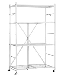 4-Tier Foldable Storage Shelf, 36W X 21D X 60 H Inch Folding Metal Rack Shelving Unit, No Assembly Organizer Shelf With 5 Wheels & 4 Hooks For Pantry, Kitchen, Garage, Basement, White