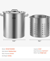 VEVOR Stainless Steel Stockpot, 42 Quart Large Cooking Pots, Cookware Sauce Pot With Strainer, Lid, And Handle, Heavy Duty Commercial Grade Stock Pot, Sanding Treatment, For Large Groups Events Silver