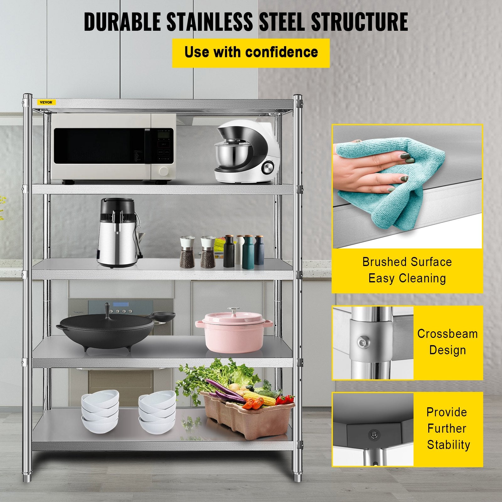 Stainless Steel Shelves 48x18.5 Inch 5 Tier Adjustable Shelf Storage Unit Stainless Steel Rack Shelving Heavy Duty Shelving For Kitchen Commercial Office Garage Storage 330lb Per Shelf