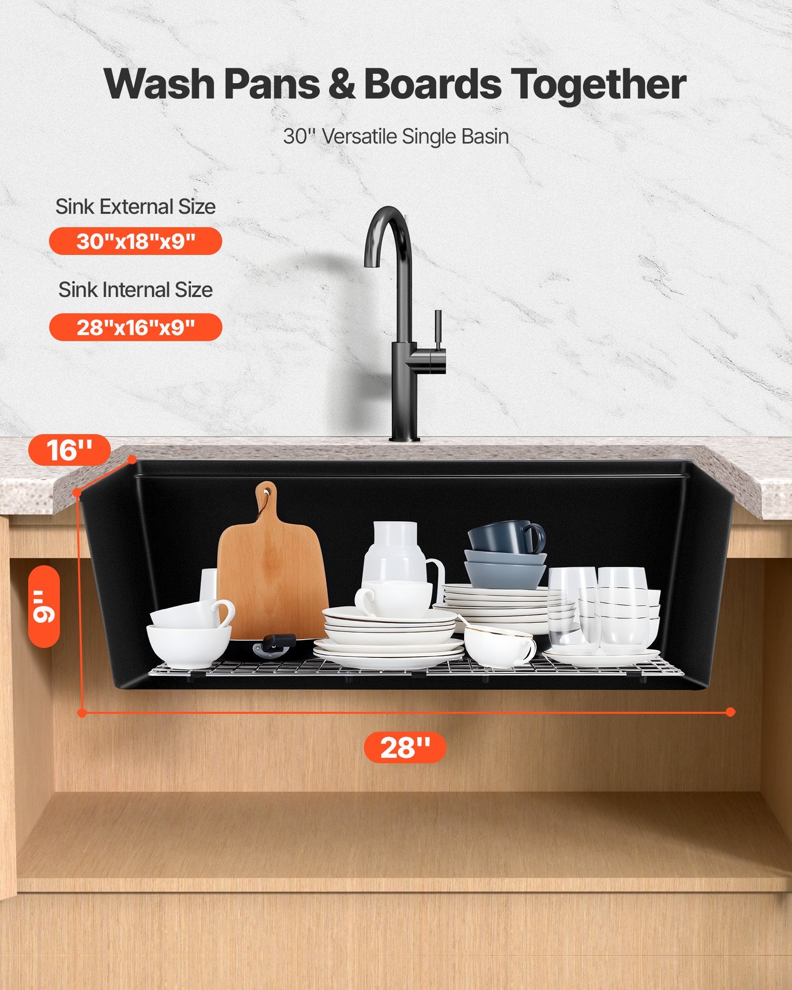 30 Inch Granite Kitchen Sink Undermount Single Bowl Drop-In Basin For RV Bar