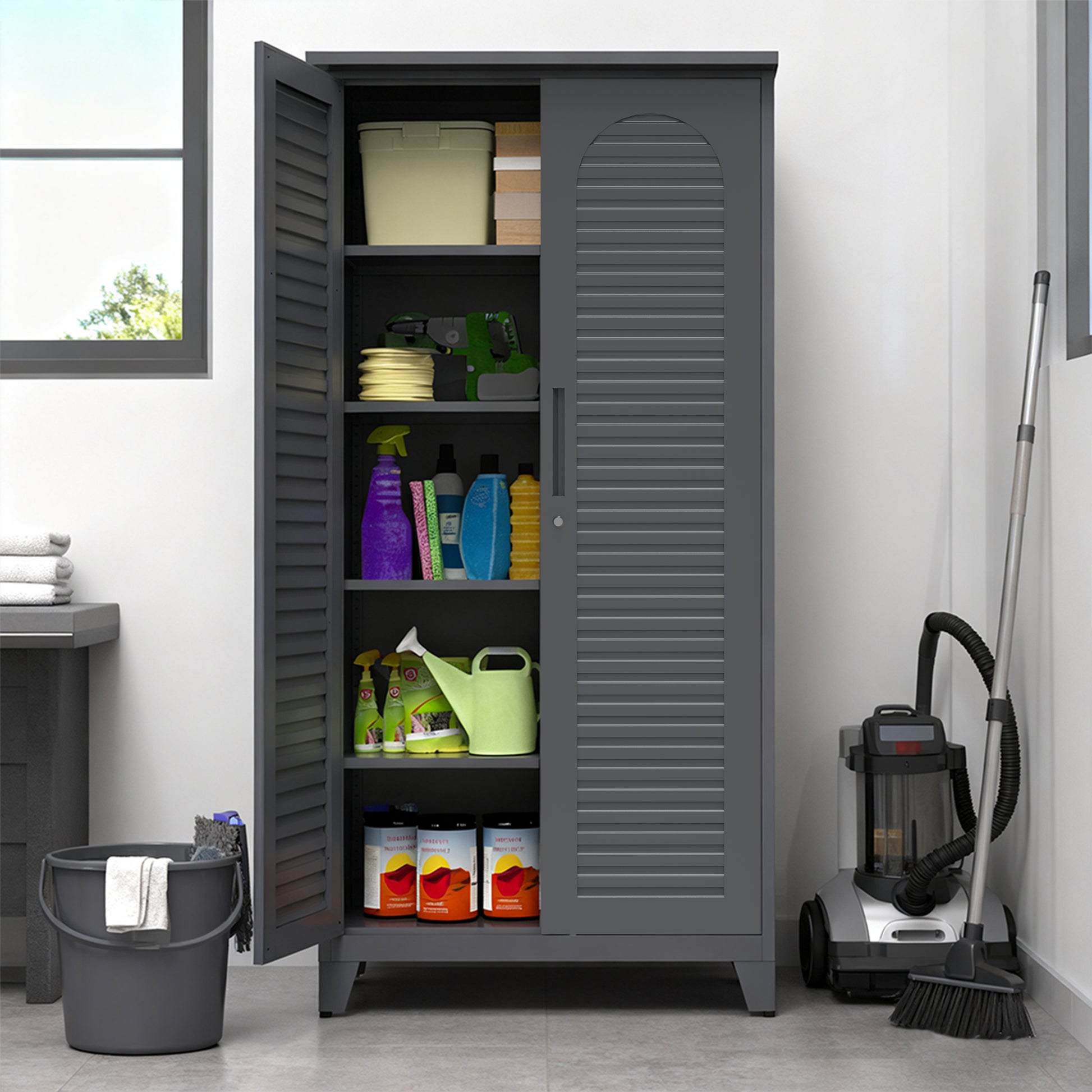 73'' Tall Metal Tool Storage Cabinet, With Ample Storage Space For Garage,Warehouse,Garden,Office, Living Room,Bathroom,Utility Room Slate