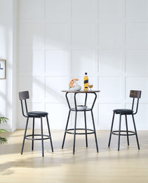 Round Bar Table And Stool Set With Shelf, Upholstered Stool With Backrest, Rustic Brown