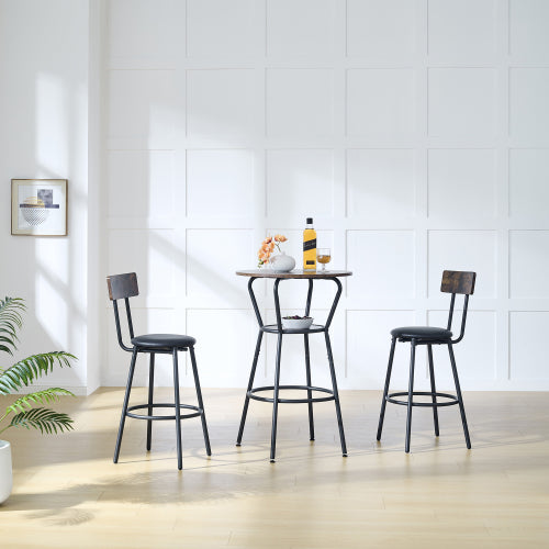 Round Bar Table And Stool Set With Shelf, Upholstered Stool With Backrest, Rustic Brown