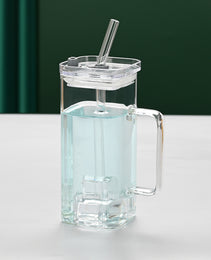 1 Pcs Transparent Glass Straw Cup, 6 Colors Square Glass Cup With Straw And Lid, High Borosilicate Glass Cup, Milk Cup, Juice Cup, Cold Drink Cup, Coffee Cup, Tea Cup, Office Cup, Gift Cup