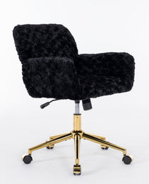 A&A Furniture Office Chair,Artificial Rabbit Hair Home Office Chair With Golden Metal Base,Adjustable Desk Chair Swivel Office Chair,Vanity Chair Black