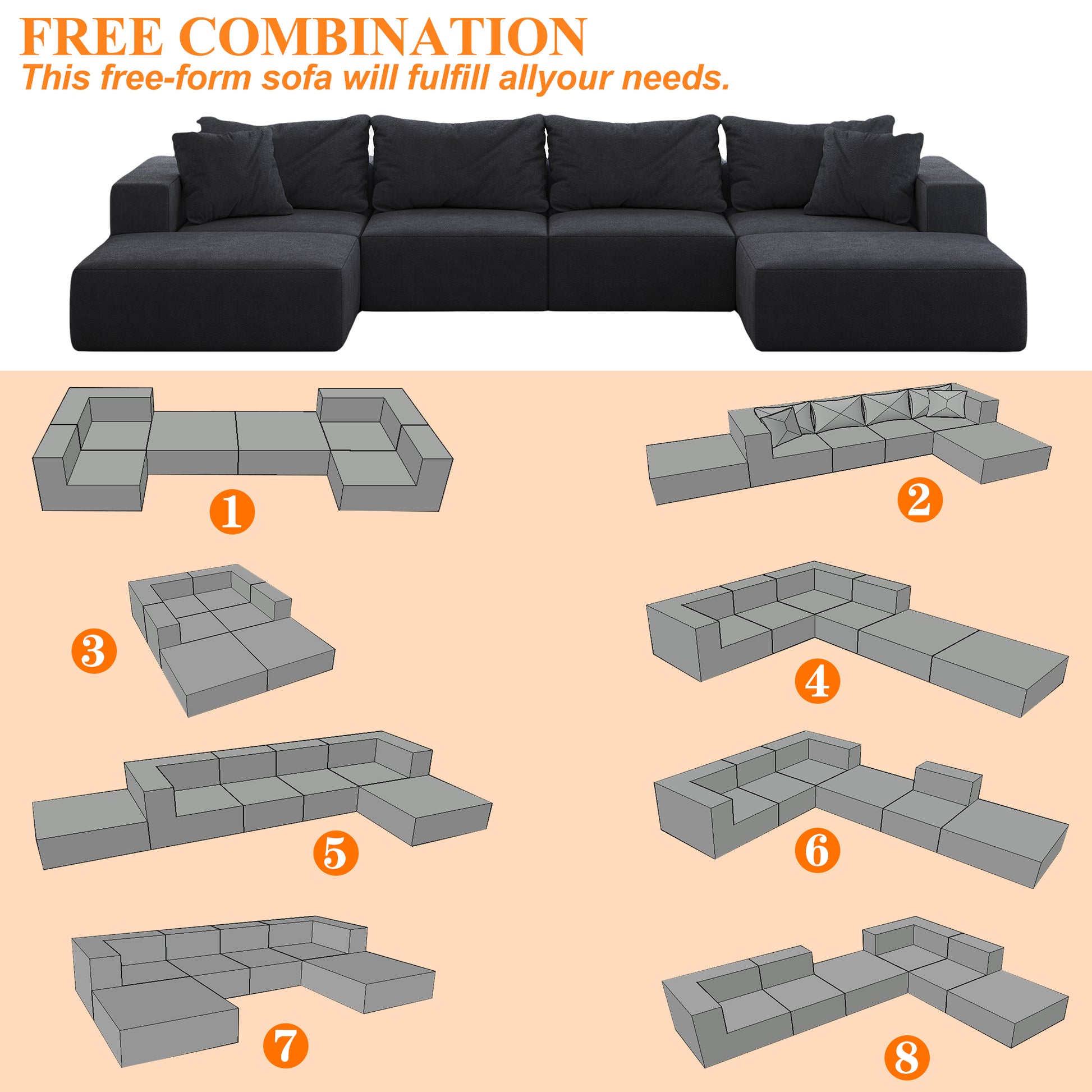 Oversized Sponge Cloud Sofa,Modern Upholstered Sectional Sofa Couch Set,Modular 162 L Shaped Sectional Living Room Sofa Set With 6 Pillows,Free Combination Sofa Couch For Living Room,Bedroom