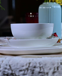 Lily Bone China Dinnerware Set, 16 Pieces, Service For 4, White Plates, Dishes, Bowls Set, Microwave And Dishwasher Safe