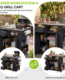 TOPMAx Outdoor Solid Wood Extendable 19.3  28  Kitchen Island  Stainless Steel Top Grill Table With Side Spice Rack  Kitchen Cart With Drawers  Storage Cabinet For Backyard  BBQ Party  Black