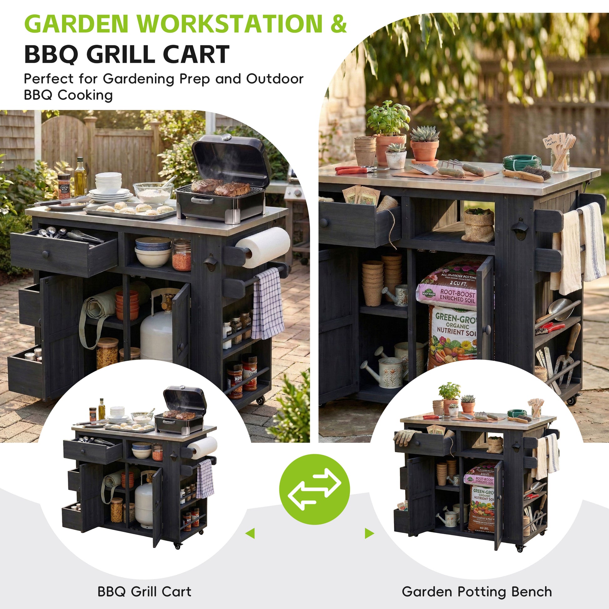 TOPMAx Outdoor Solid Wood Extendable 19.3  28  Kitchen Island  Stainless Steel Top Grill Table With Side Spice Rack  Kitchen Cart With Drawers  Storage Cabinet For Backyard  BBQ Party  Black