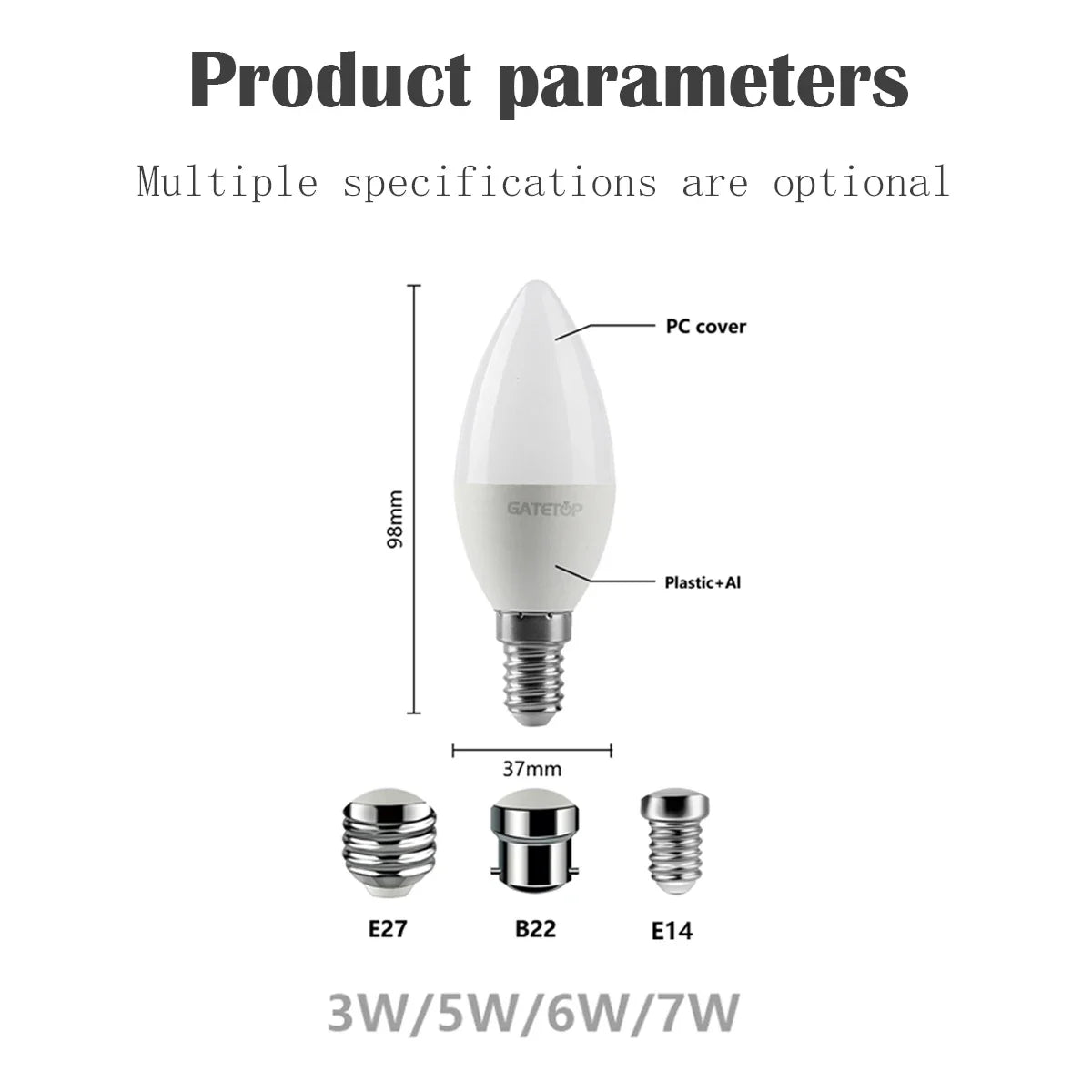 10pcs C37 BASE E27 E14 B22 Led Bulb 220V Candle Bulb Energy Saving Lamp 3W 5W 6W 7W Led Chandelier Light for Home Decoration