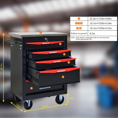 5 Drawers Multifunctional Tool Cart With Wheels,Metal Rolling Tool Cart Storage For Garage Workshop Warehouse Repair Shop--With Stainless Steel Roof- BLACK RED