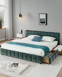 California King Size Upholstered Bed ,comfortable Upholstered Bed Frame, Chenille Fabric, With Headboard And Solid Bed Frame. With Drawer For Storage.-Blue Green 90.5x80.5x31