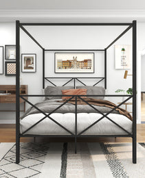 Metal Canopy Bed Frame, Platform Bed Frame Queen With X Shaped Frame Queen Black