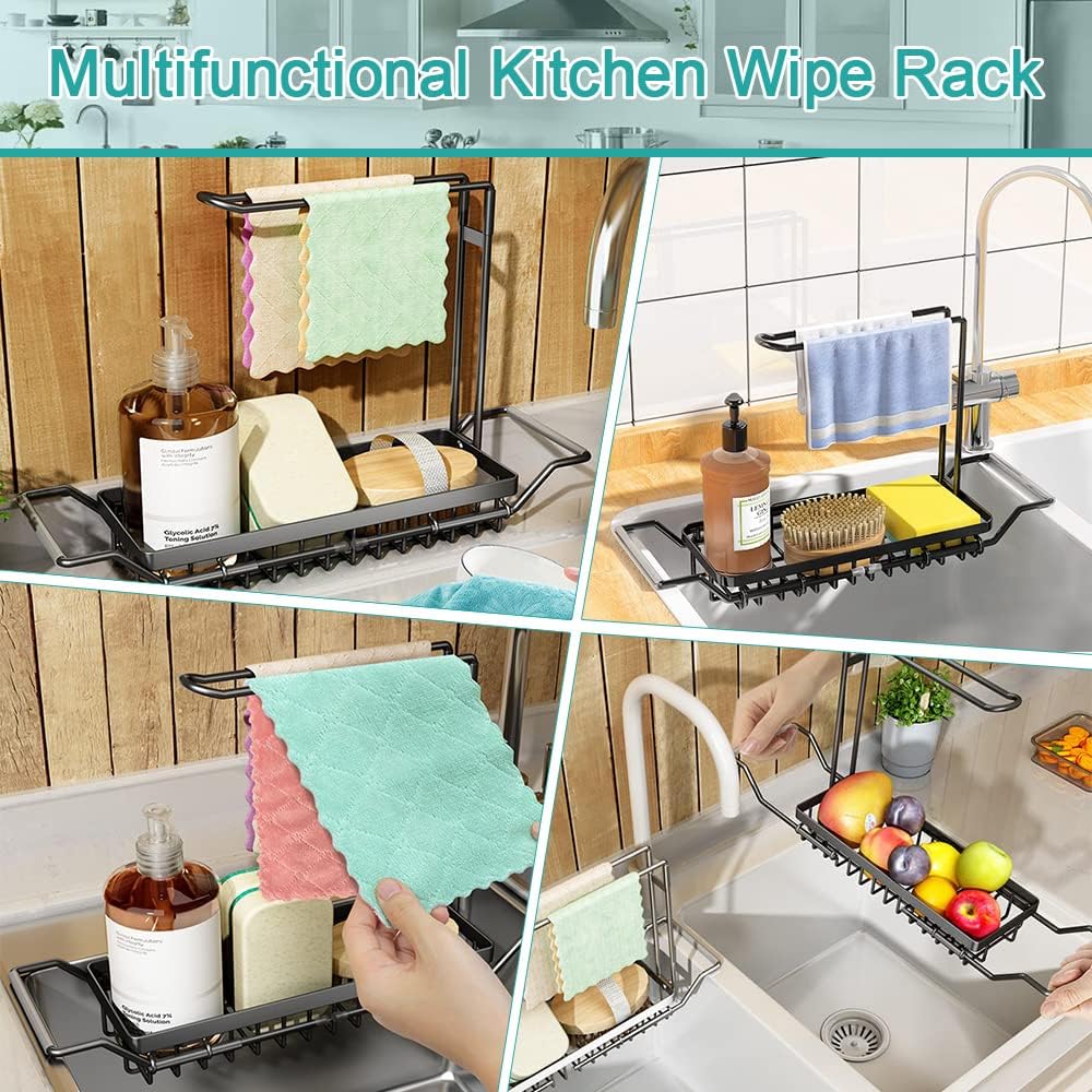 Expandable Stainless Steel Over-the-Sink Caddy Organizer – Adjustable Kitchen Storage Rack (Black, Small)
