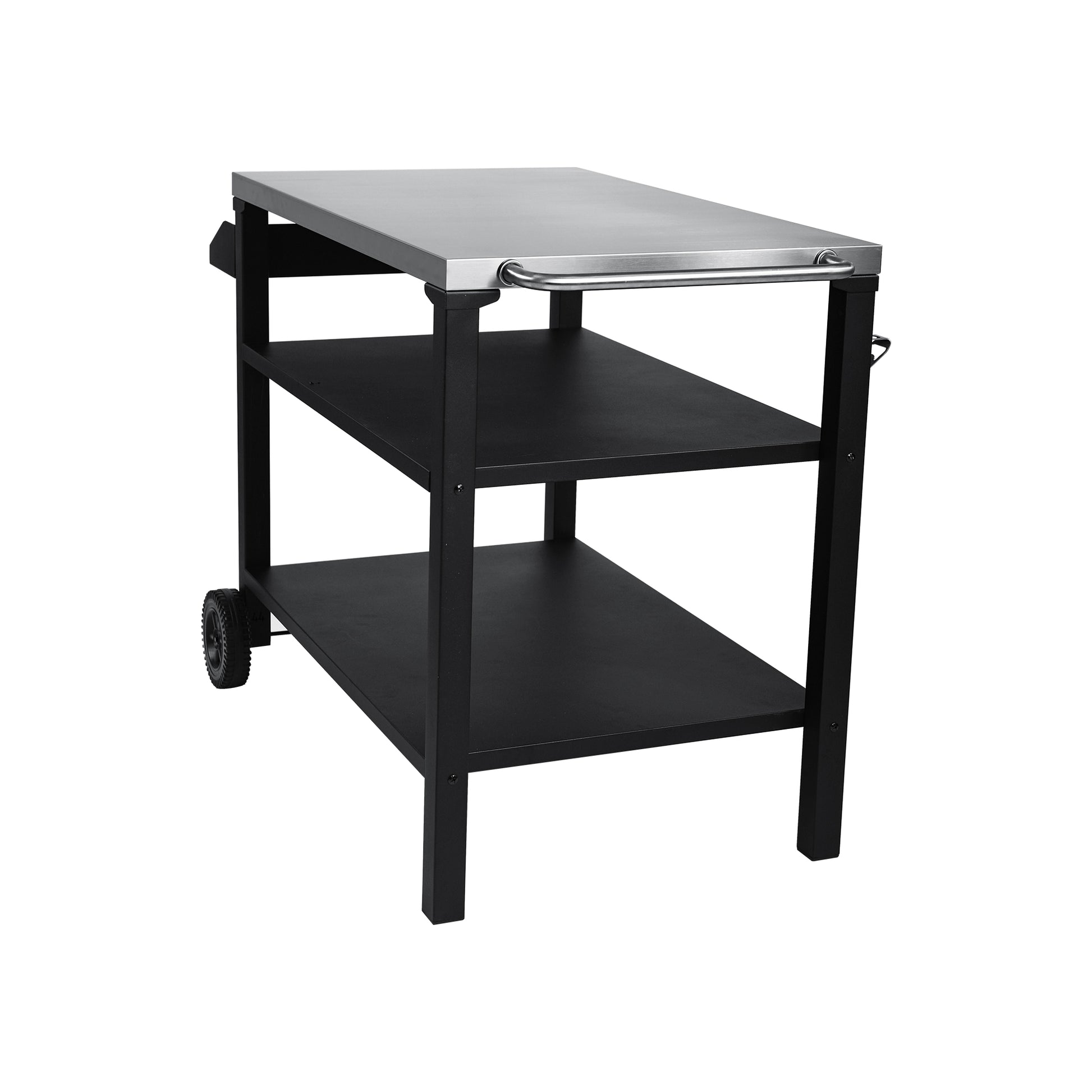 3-Tier Outdoor Grill Cart With Stainless Steel Top & Side Shelf, Movable BBQ Prep Table With Wheels, Rolling Serving Bar Cart For Patio, Backyard, Pizza Oven Stand, Black