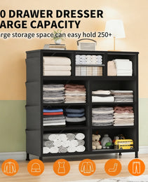 10-Drawer Dresser With Side Pocket & Hooks, Storage Cabinet With Wood Top For Bedroom Closet Organization