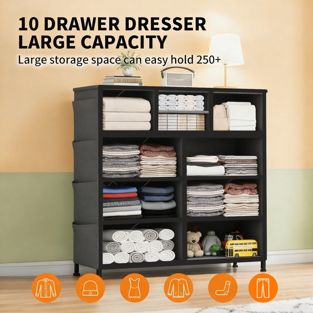 10-Drawer Dresser With Side Pocket & Hooks, Storage Cabinet With Wood Top For Bedroom Closet Organization