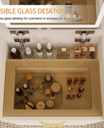 3 In 1 Vanity Desk With Open Top Mirror,Small Make Up Vanity Set With Visible Glass Desktop,Compact Makeup Vanity With 3 Drawers,Dressing Table For Bedroom - CJDS