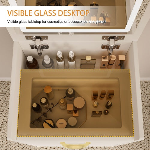 3 In 1 Vanity Desk With Open Top Mirror,Small Make Up Vanity Set With Visible Glass Desktop,Compact Makeup Vanity With 3 Drawers,Dressing Table For Bedroom - CJDS
