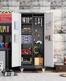 Broom Closet Storage Cabinet With Wheels And Pegboard,Metal Garage Storage Cabinet With Lockable And Magnetic Doors,Adjustable Shelves For Garage Home Office,Required Assembly,Black And White