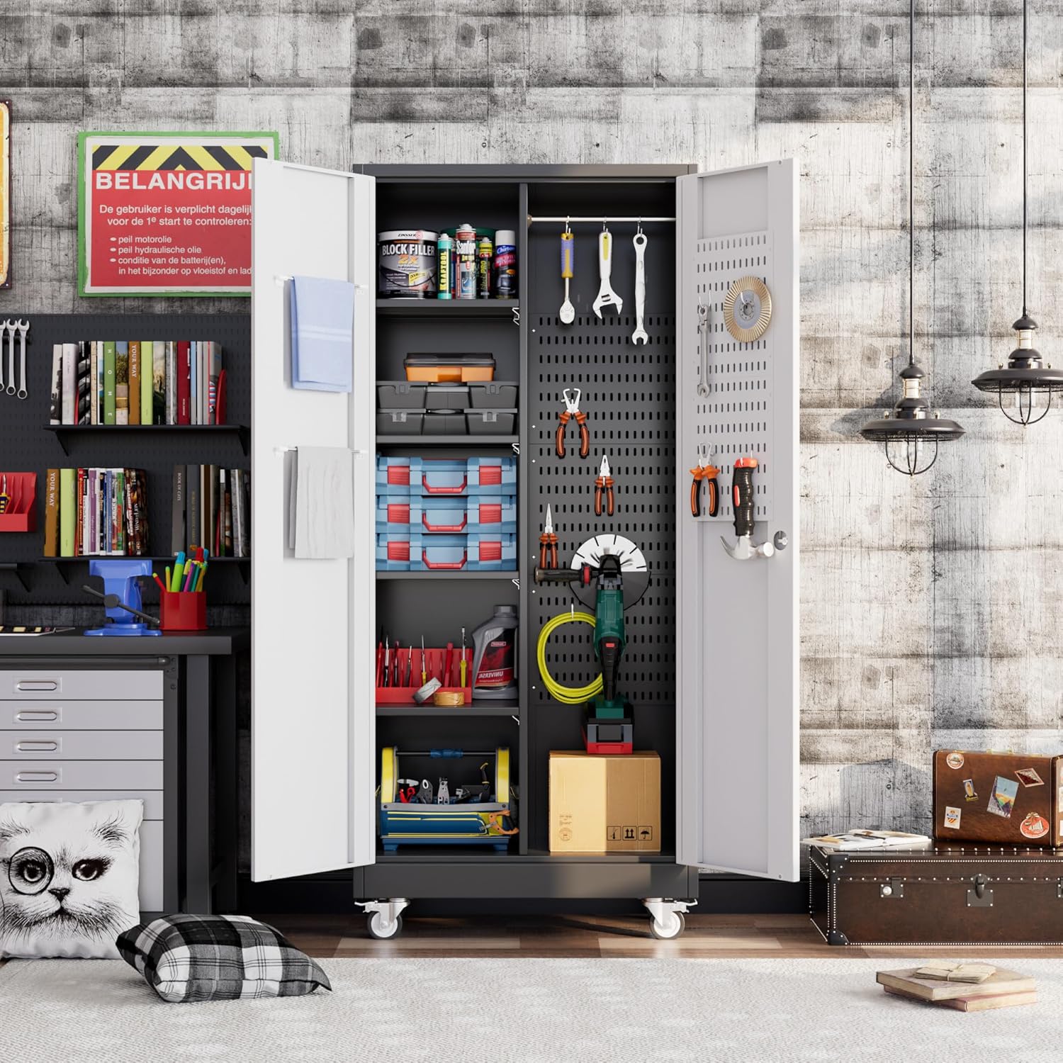 Broom Closet Storage Cabinet With Wheels And Pegboard,Metal Garage Storage Cabinet With Lockable And Magnetic Doors,Adjustable Shelves For Garage Home Office,Required Assembly,Black And White