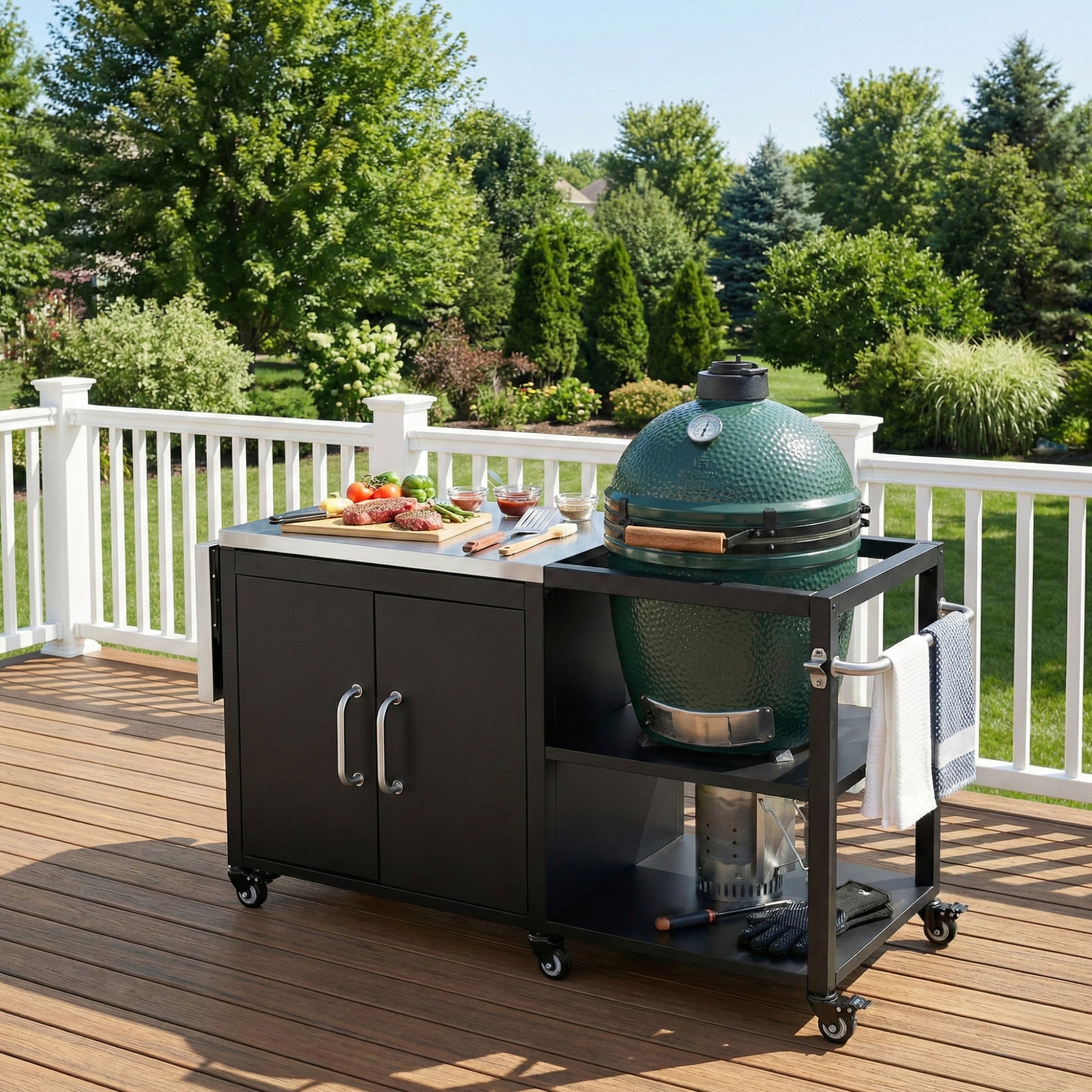 K&K 76.6  Outdoor Large Grill Cart With Storage Cabinet, Outdoor Kitchen Island With Steel Drop Leaf For Large Big Green Egg, Outdoor Grill Table With Adjustable Shelf & Hooks & Bottle Opener For BBQ