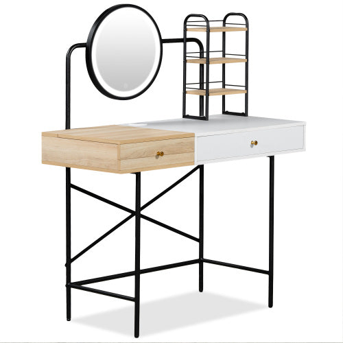 Makeup Vanity Desk With 3-Mode Lighted Mirror & Wireless Charging Station , Vanity Table With Drawer & 3 Open Shelves For Ample Storage Space - CJDS
