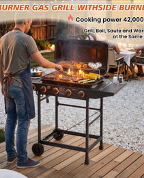 4 Burner BBQ Propane Gas Grill With Side Burner 42000 BTU Output Stainless Steel Barbecue Grill With Enamel-Coated Grates And Side Tables For Outdoor Cooking Kitchen And Patio Backyard.