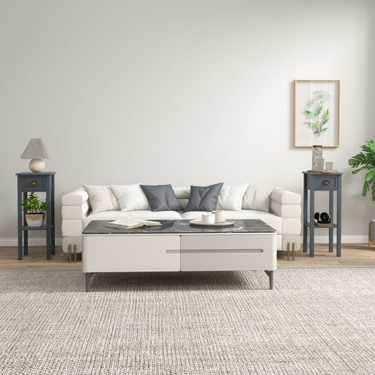 2-Tier Side Tables Set of 2 with Drawer and Shelf, 2 Pieces End Tables for Living Room and Hallway, Gray