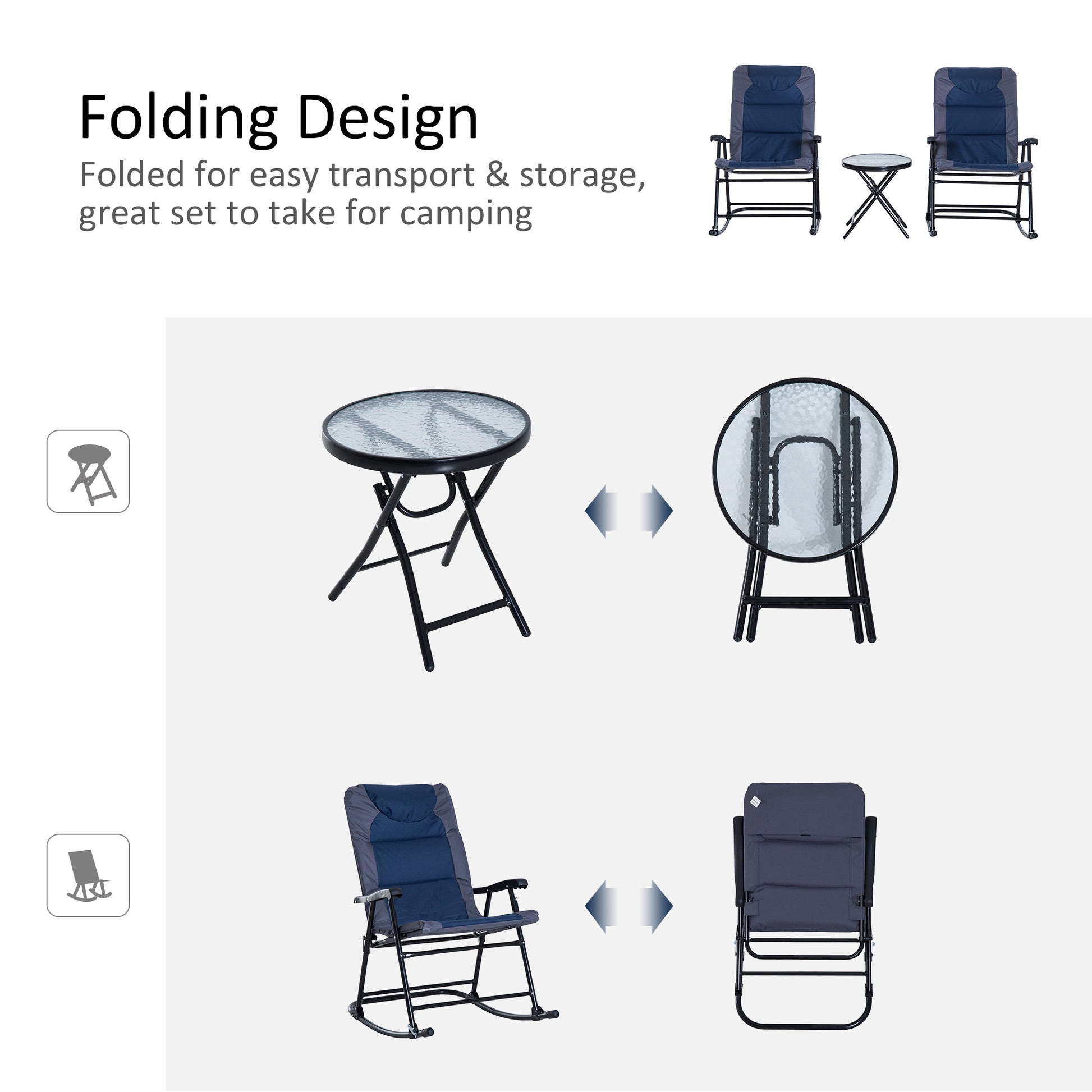 3 Piece Blue Rocking Bistro Set  Patio Chairs   Glass Coffee Table