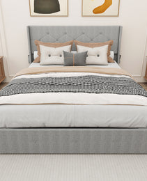 Queen Size Bed Frame With Storage - Lift Up Storage Bed With Modern Wingback Headboard, USB Ports
