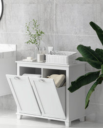 Dual Tilt out Laundry Hamper Cabinet, Bathroom Storage Cabinet with 2-Compartment Hamper, Modern Bathroom Floor Cabinet for Washroom, White