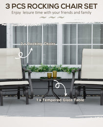3-Piece Outdoor Gliders Set Bistro Set with Steel Frame, Tempered Glass Top Table for Patio, Garden, Backyard, Lawn, Cream White