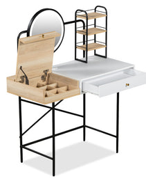 Makeup Vanity Desk With 3-Mode Lighted Mirror & Wireless Charging Station , Vanity Table With Drawer & 3 Open Shelves For Ample Storage Space - CJDS