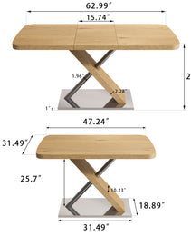 47.25 -63 Dining Table, Original Wood Color, Seating 4-6 People, Retractable Table, Cross Metal Base And Stainless Steel Tubing Natural