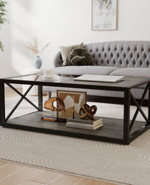 Modern Coffee Table For Bedroom & Living Room, Tempered Glass&Rustic Wood Grain MDF, Industrial Style Coffee Table