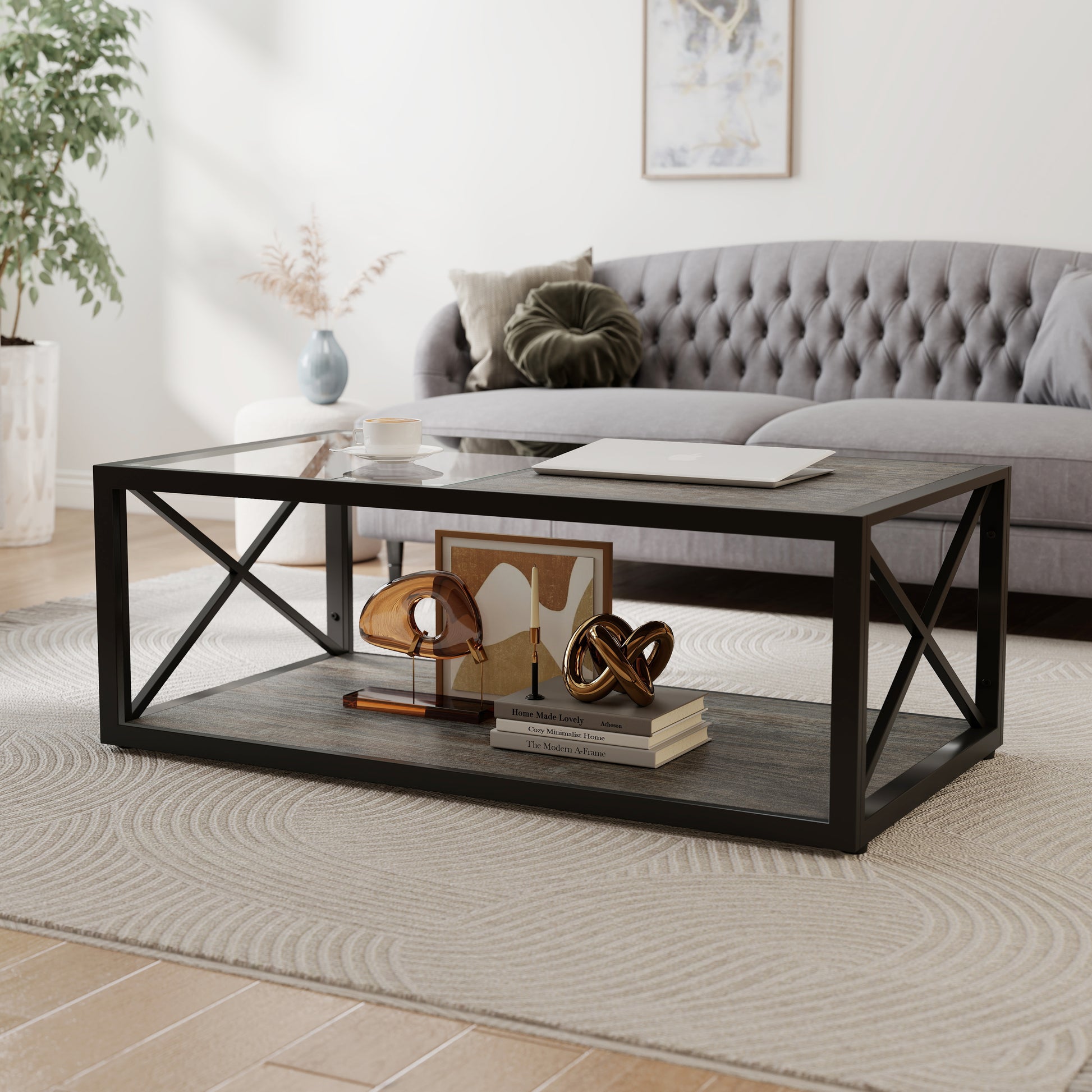 Modern Coffee Table For Bedroom & Living Room, Tempered Glass&Rustic Wood Grain MDF, Industrial Style Coffee Table
