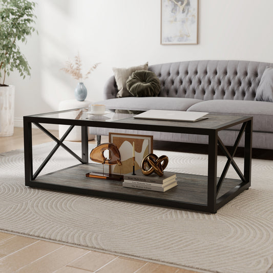Modern Coffee Table For Bedroom & Living Room, Tempered Glass&Rustic Wood Grain MDF, Industrial Style Coffee Table