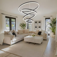 4 Ring Modern Black Chandelier, Circles Pendant Light Fixture for High Ceiling, Led Acrylic Chandelier, Dimmable 78.74'' High Ceiling Light with Remote for Dining Room Staircase Foyer