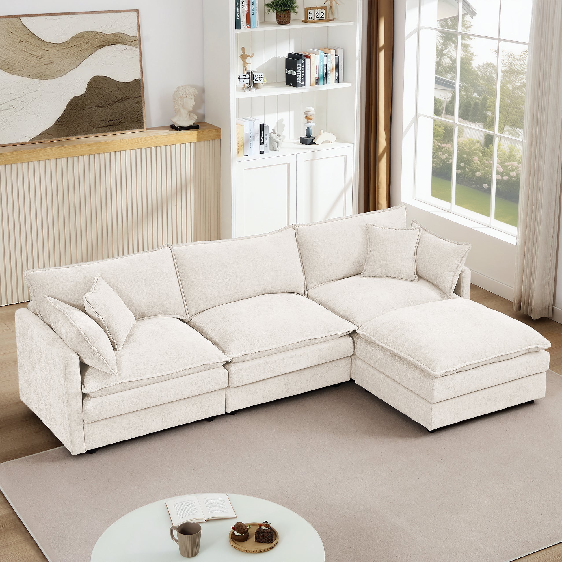 Modular Sectional Sofa, 102 Inch L Shaped Couch Set For Living Room, 3-Seater Comfy Cloud Couches With Movable Ottoman, DIY Combination, Chenille, Beige