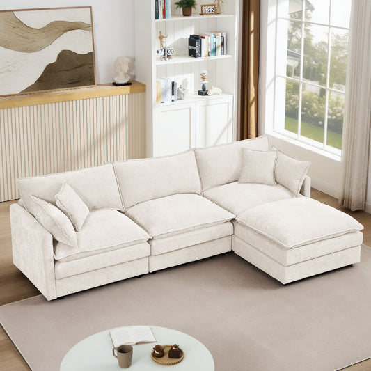Modular Sectional Sofa, 102 Inch L Shaped Couch Set For Living Room, 3-Seater Comfy Cloud Couches With Movable Ottoman, DIY Combination, Chenille, Beige