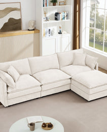 Modular Sectional Sofa, 102 Inch L Shaped Couch Set For Living Room, 3-Seater Comfy Cloud Couches With Movable Ottoman, DIY Combination, Chenille, Beige