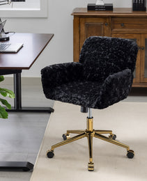 A&A Furniture Office Chair,Artificial Rabbit Hair Home Office Chair With Golden Metal Base,Adjustable Desk Chair Swivel Office Chair,Vanity Chair Black