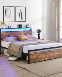 Full Size Bed Frame With Storage Headboard And 2 Drawers, LED Lights Bed With Charging Station, Metal Platform Bed No Noise