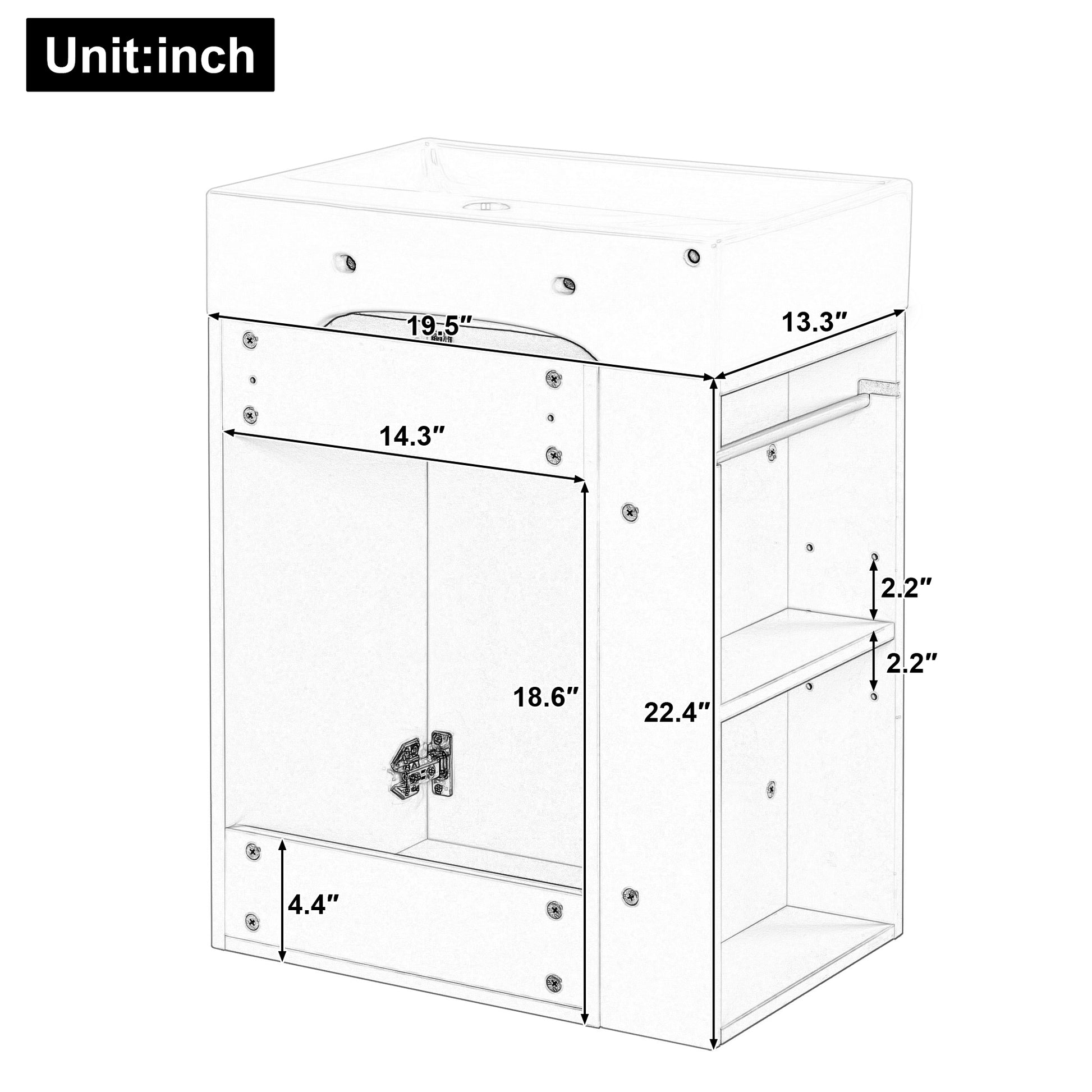 20 Inch Bathroom Vanity With Ceramic Sink, Diamond Pattern Door Design, Gold Handle & Side Storage Shelves Modern Small Space Cabinet With Towel Bar, MDF Construction, Assembly Required